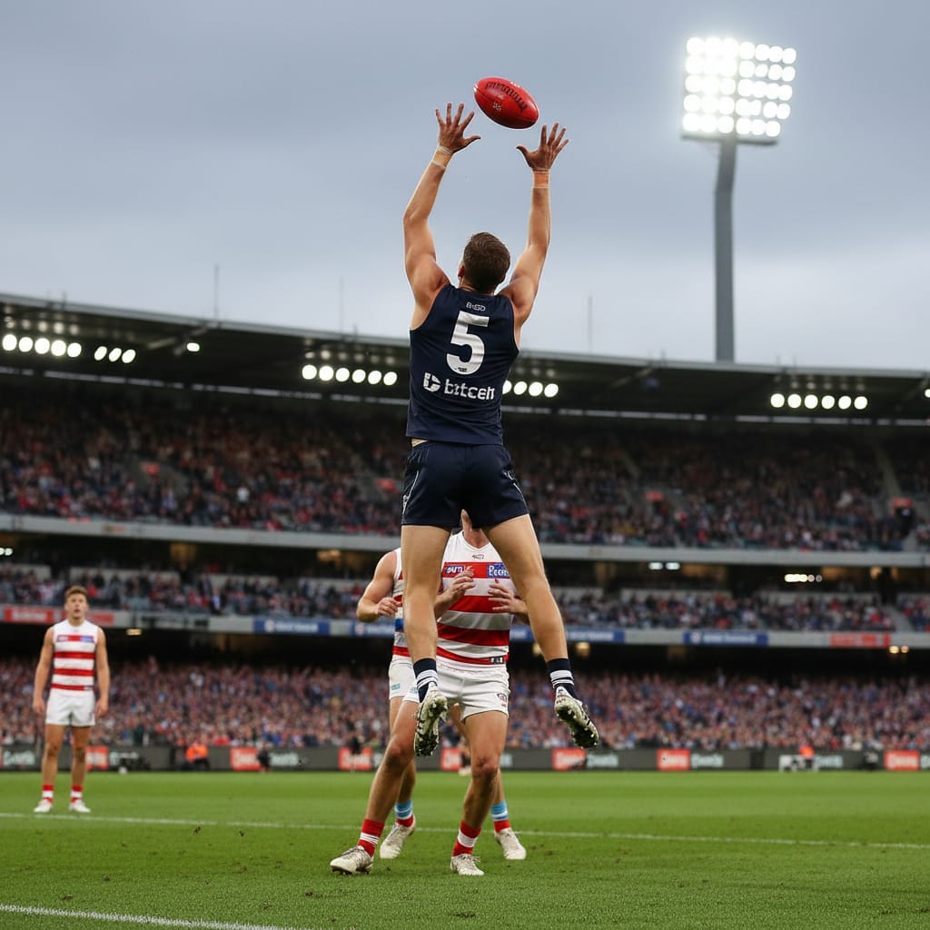 Ruckmen leaping for the ball at a floodlit stadium
