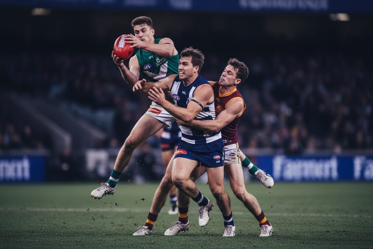 AFL players contesting the ball during a night match