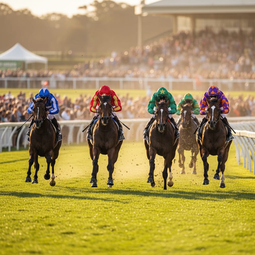 Thoroughbreds and jockeys mid-race on the home straight