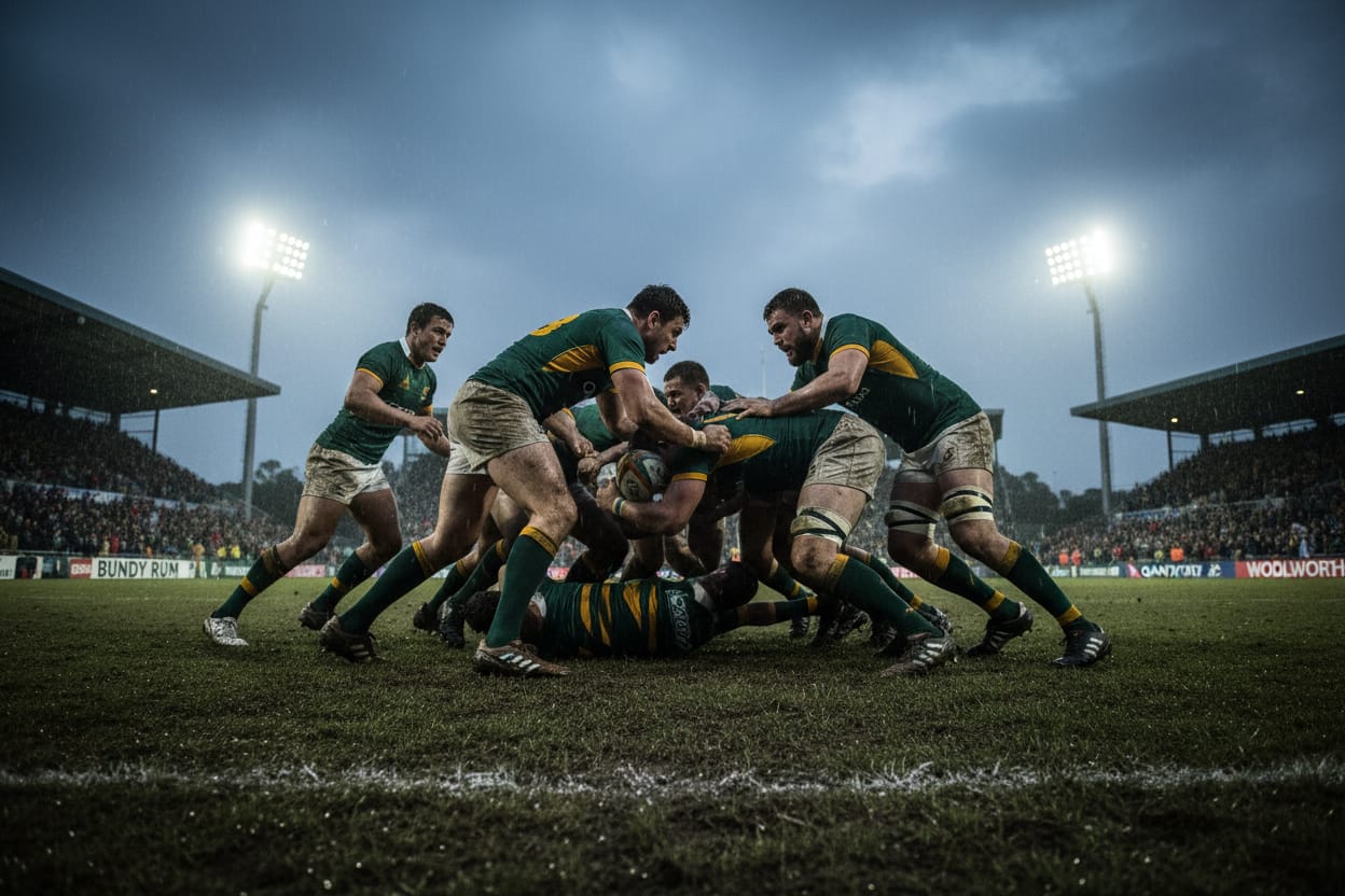 Australian rules footballers contesting possession under lights