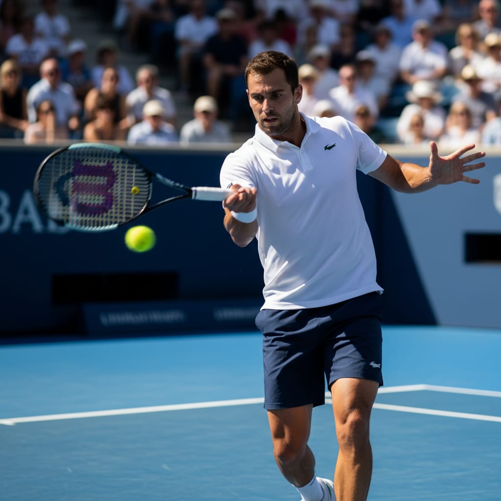 Tennis player striking a forehand on a hard court